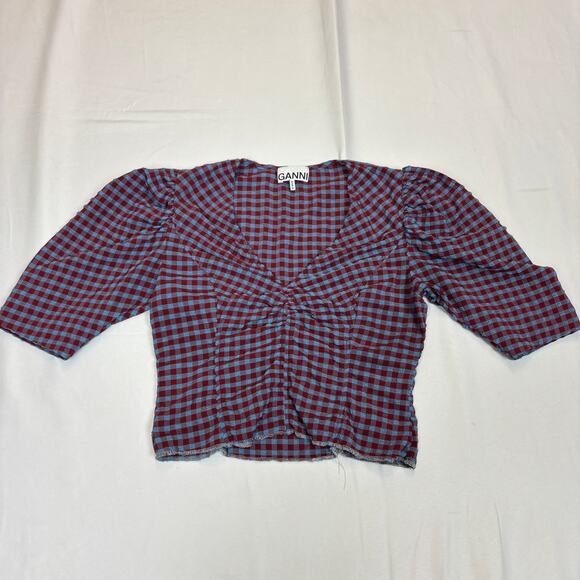 Ganni Gingham Check Seersucker V Neck Blouse Ruched Puff Sleeve - Picture 2 of 8